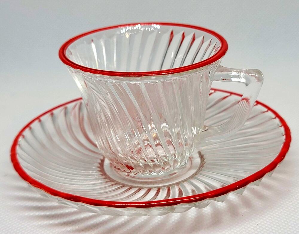 VNTG Federal Glass Diana Swirl Demitasse Cup Saucer Rare Bright Red Rim  1930s